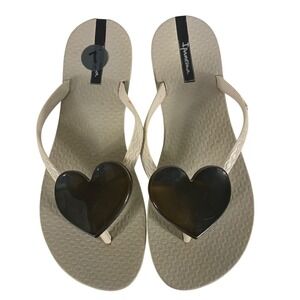 Ipanema Maxi Fashion Heart Flip Flops Beige Black Sandals Womens Size 7 Brazil